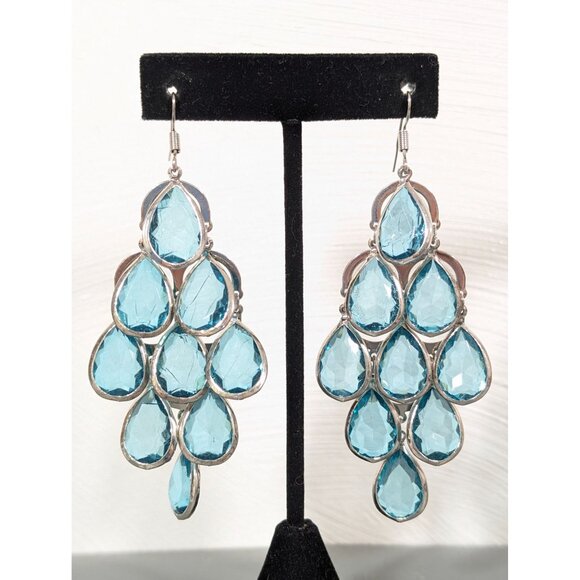 Teal Blue Teardrop Bezel Chandelier Long Dangle Earrings Boho Glam Statement - Picture 1 of 8